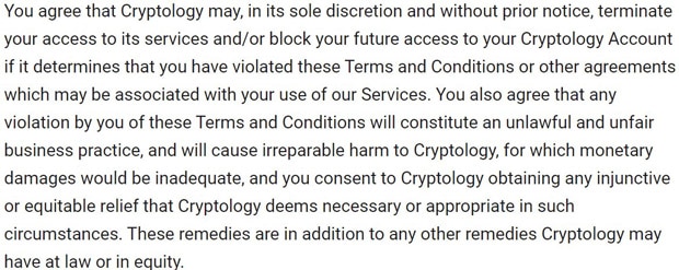 cryptology.com aceptación de los términos y condiciones por parte del usuario