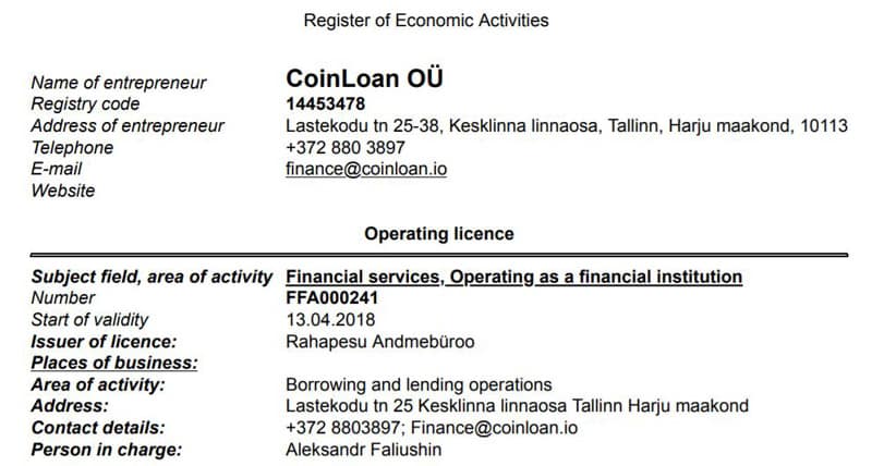 Información de la empresa coinloan.io