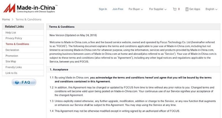 Acuerdo de usuario de Made-in-China