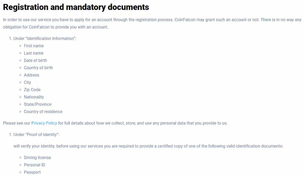 Documentos de CoinFalcon para el registro