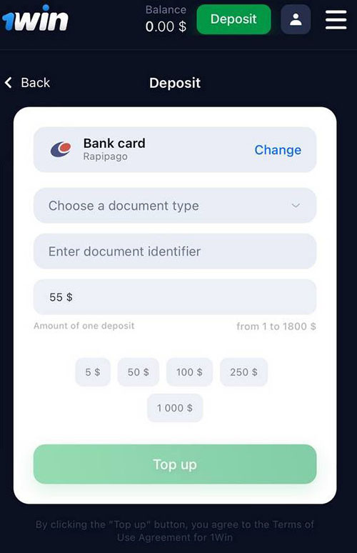 1Win App iOS Depósito Tarjeta Bancaria