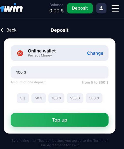 1Win App iOS Depósito Perfect Money